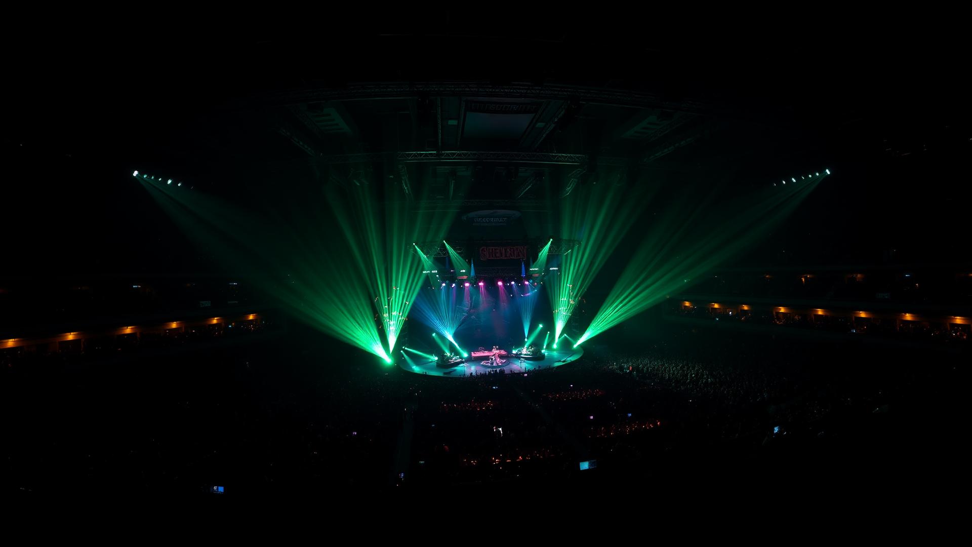 Concert arena at night lit by emerald stage lights seen from a premium balcony